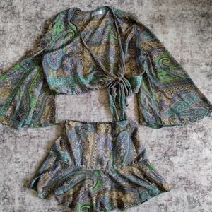 Sara Paisley Skirt Set in Green and Gold